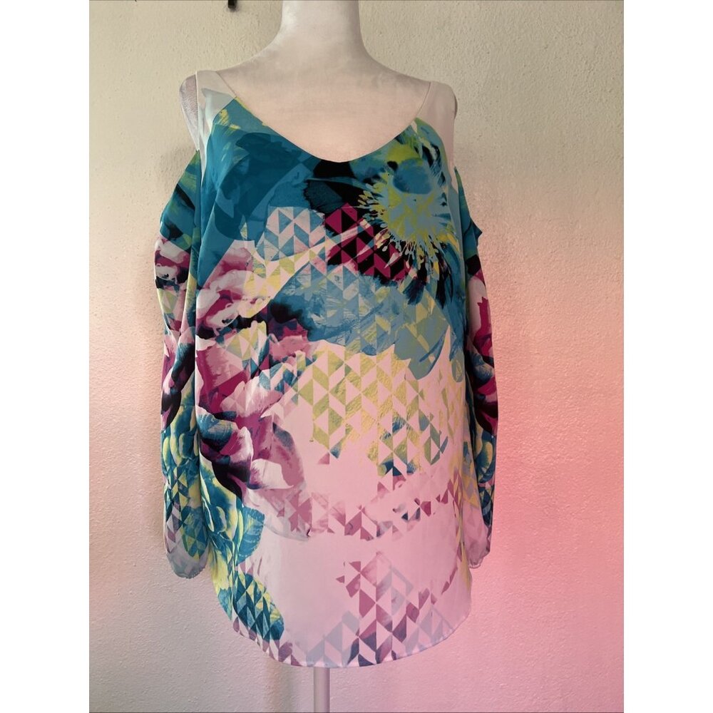 Worthington‎ woman cold shoulder blouse 5% spandex blue/multi color size XL
